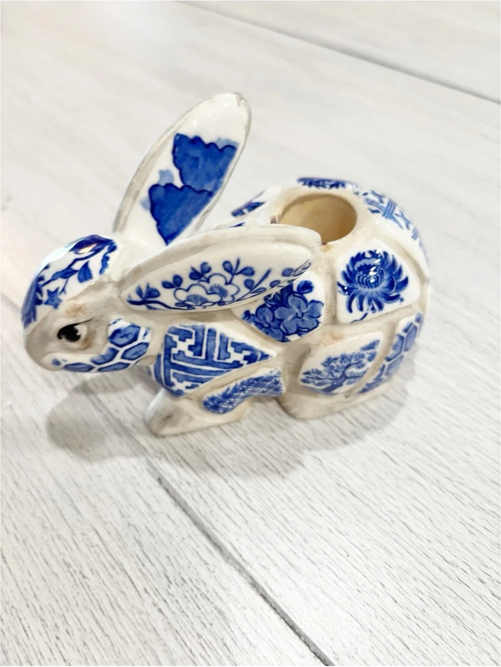 NANCY LOPEZ 1980 Blue & White Asian Pottery Mosaic Rabbit Bunny Candlestick